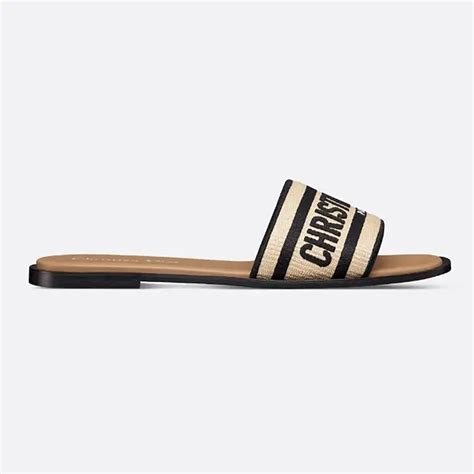 Dway Slide Natural Raffia and Black Embroidered Cotton 